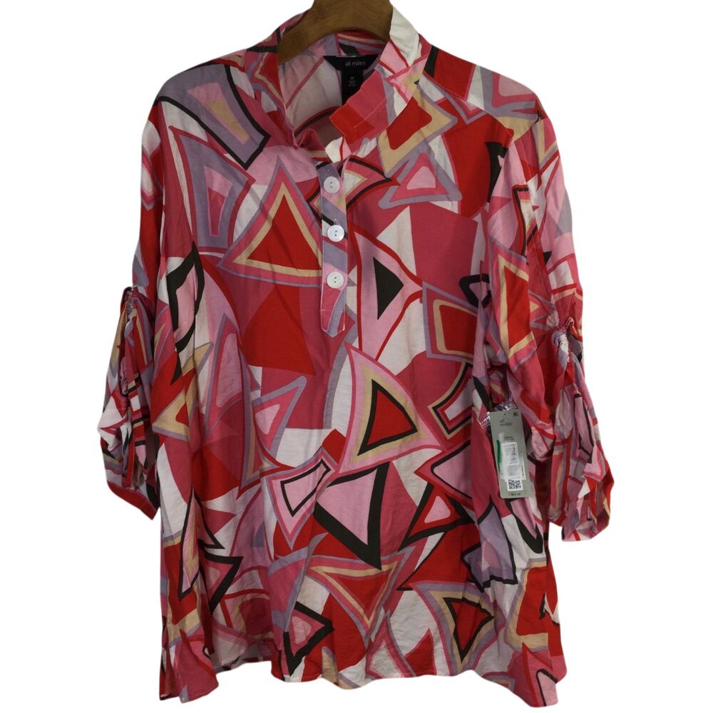 Ali Miles Womens Abstract Geometric Print Tunic Blouse Long Sleeve Size 2X NWT